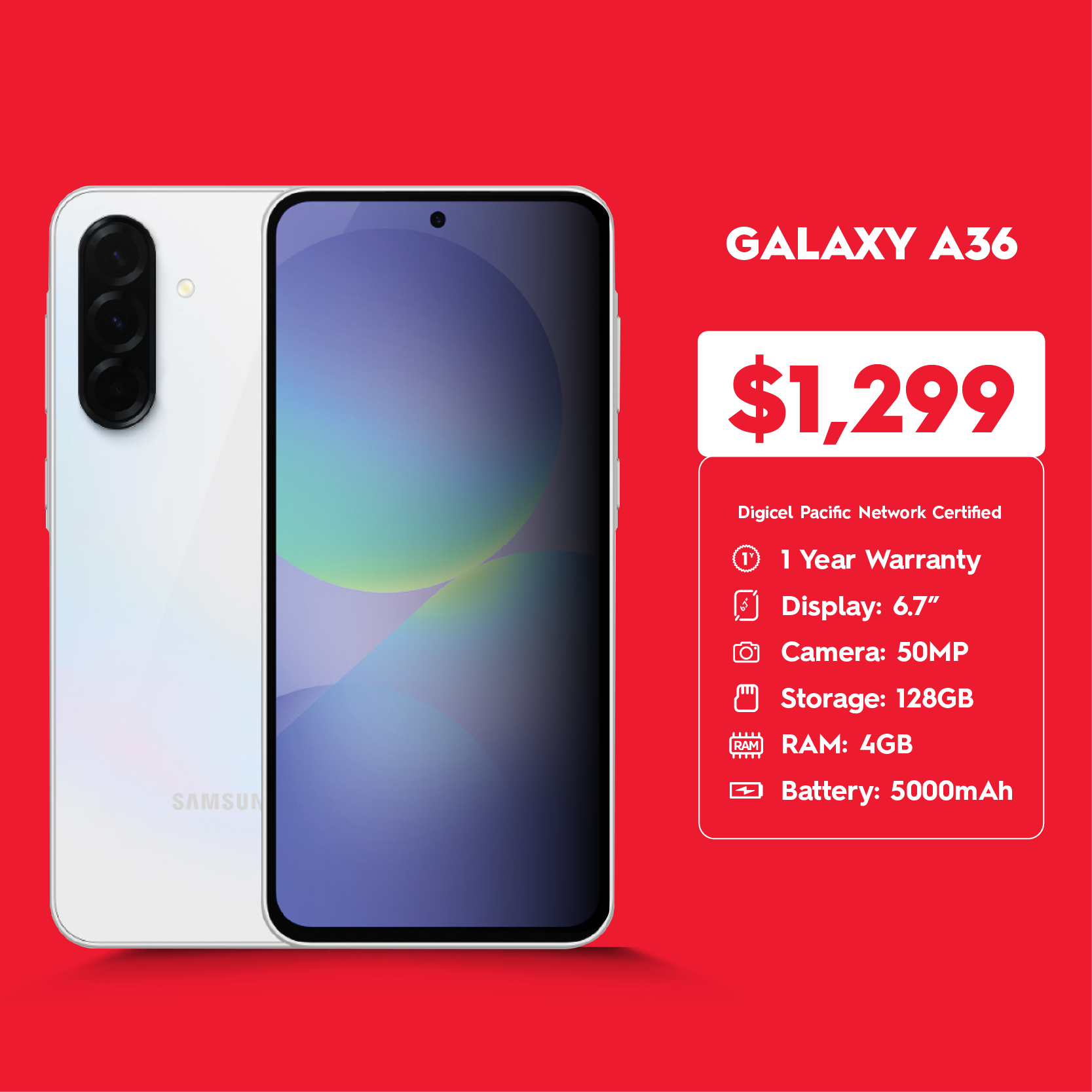 Samsung Galaxy A56 front and back view with online order and in-store pickup option at Digicel Upolu and Savai'i