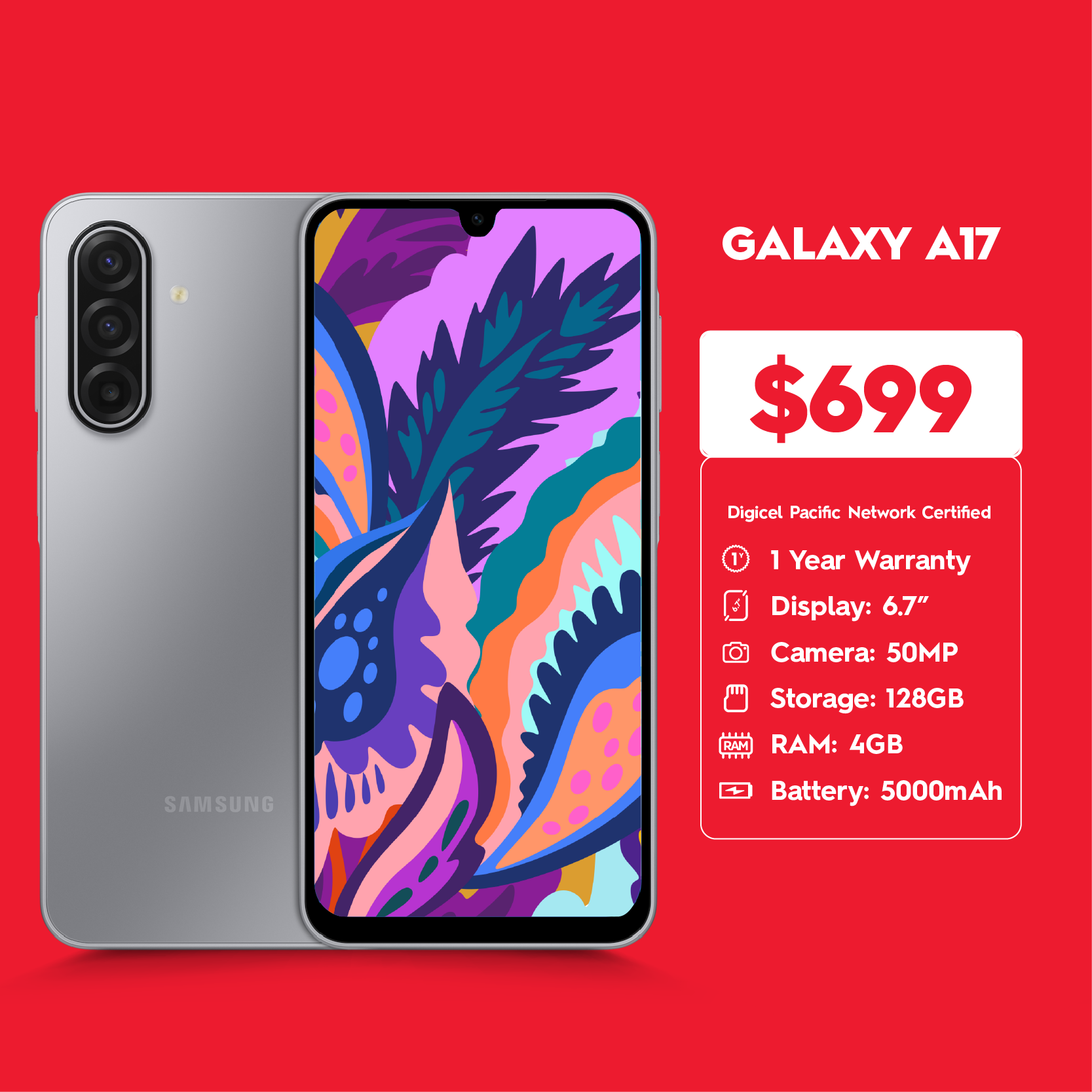 Samsung GALAXY A17 smartphone available for online order and in-store pickup at Digicel Upolu and Savai'i locations