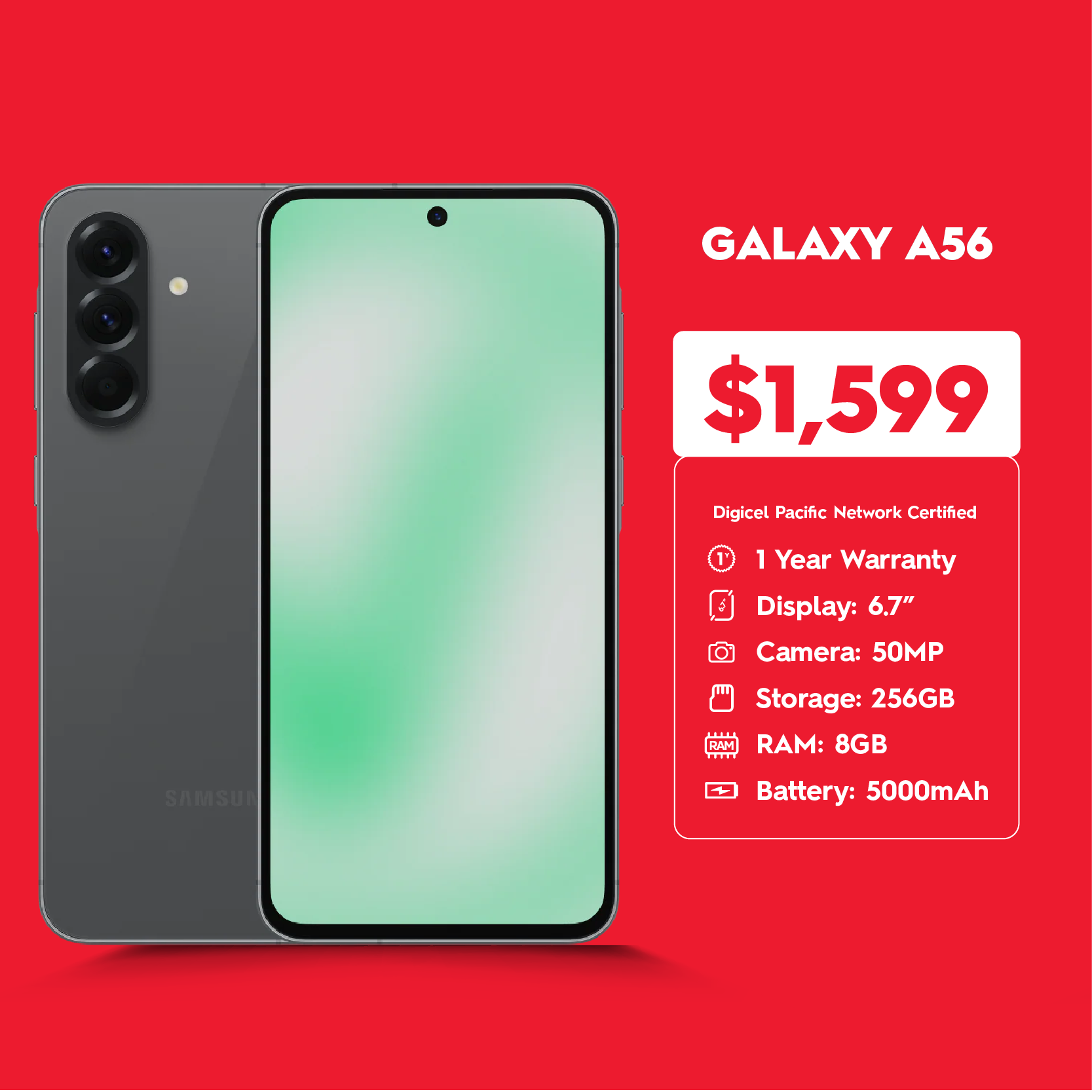 Samsung Galaxy A56 smartphone with 256GB storage displayed for online order and in-store pickup at Digicel Upolu and Savai'i