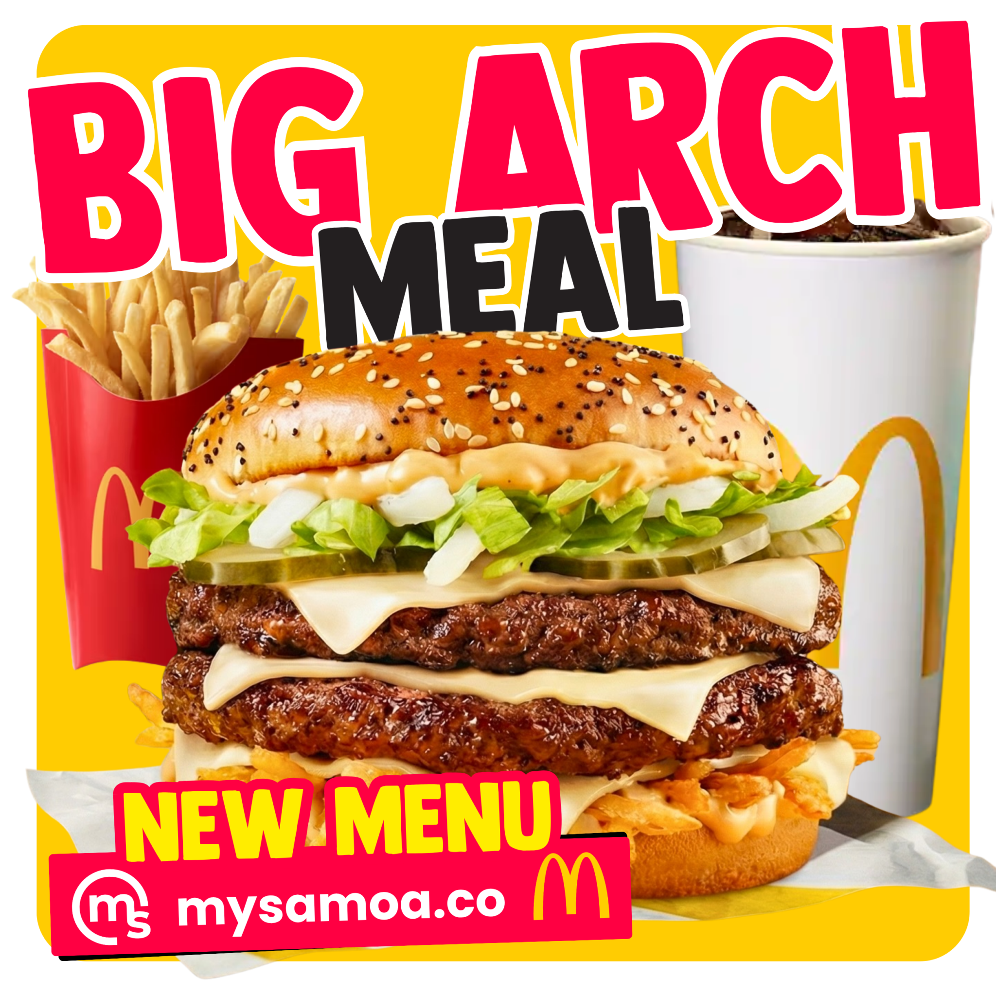 Big Arch burger meal options with fries and drink sizes from McDonald's Apia