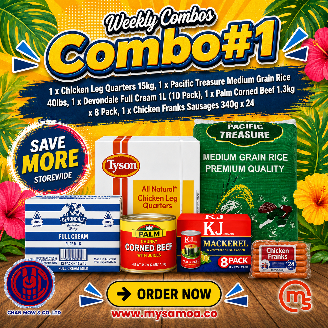 Weekly Combo 1 with Chicken Leg Quarters, Pacific Treasure Rice, Devondale Full Cream Milk, and Palm Corned Beef