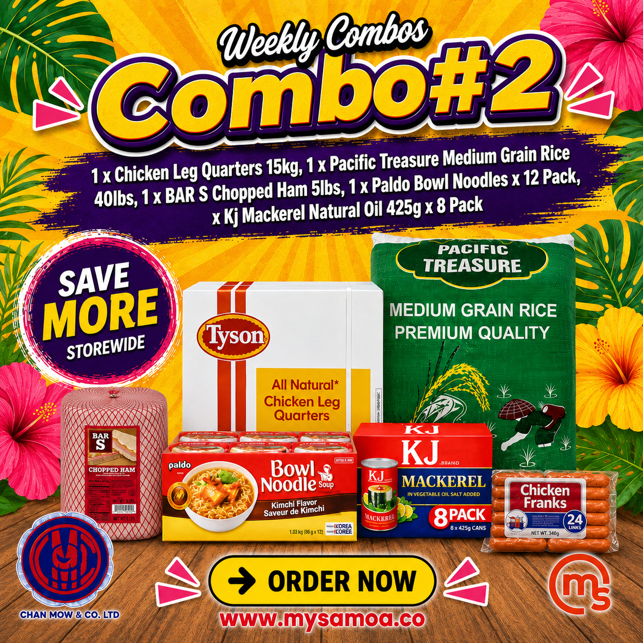 Weekly Combo 2 with Chicken Leg Quarters, rice, ham, noodles, and mackerel pack