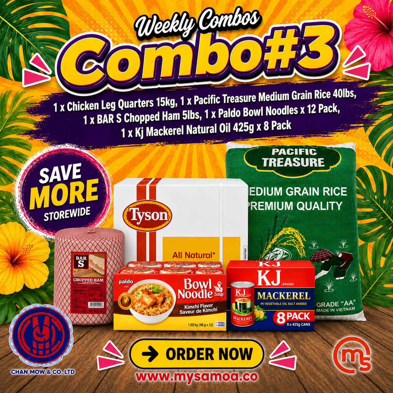 Weekly Combo 3 with Chicken Leg Quarters, Pacific Treasure Rice, BAR S Ham, Paldo Noodles, and Kj Mackeral Oil Pack