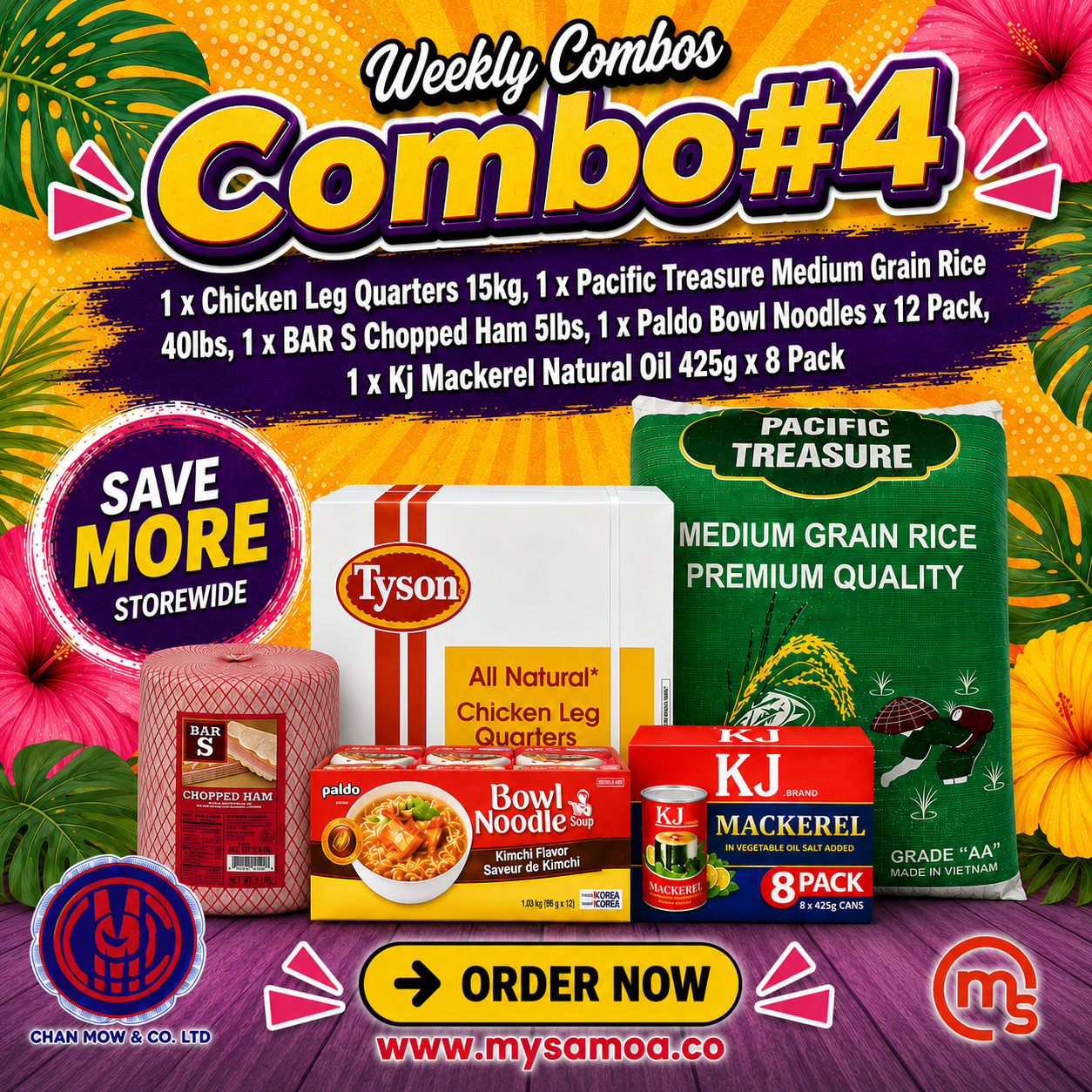 Weekly Combo 4 with Chicken Leg Quarters 15kg, Pacific Treasure Rice, BAR S Ham, Paldo Noodles, KJ Mackeral Oil, and FMF Crackers