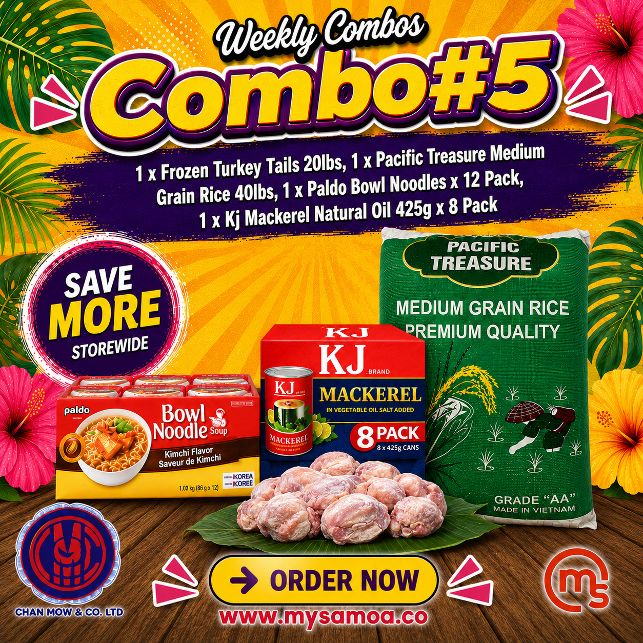 Weekly Combo 5 featuring Frozen Turkey Tails, Pacific Treasure Grain Rice, Paldo Bowl Noodles, and Kj Mackeral Natural Oil packs