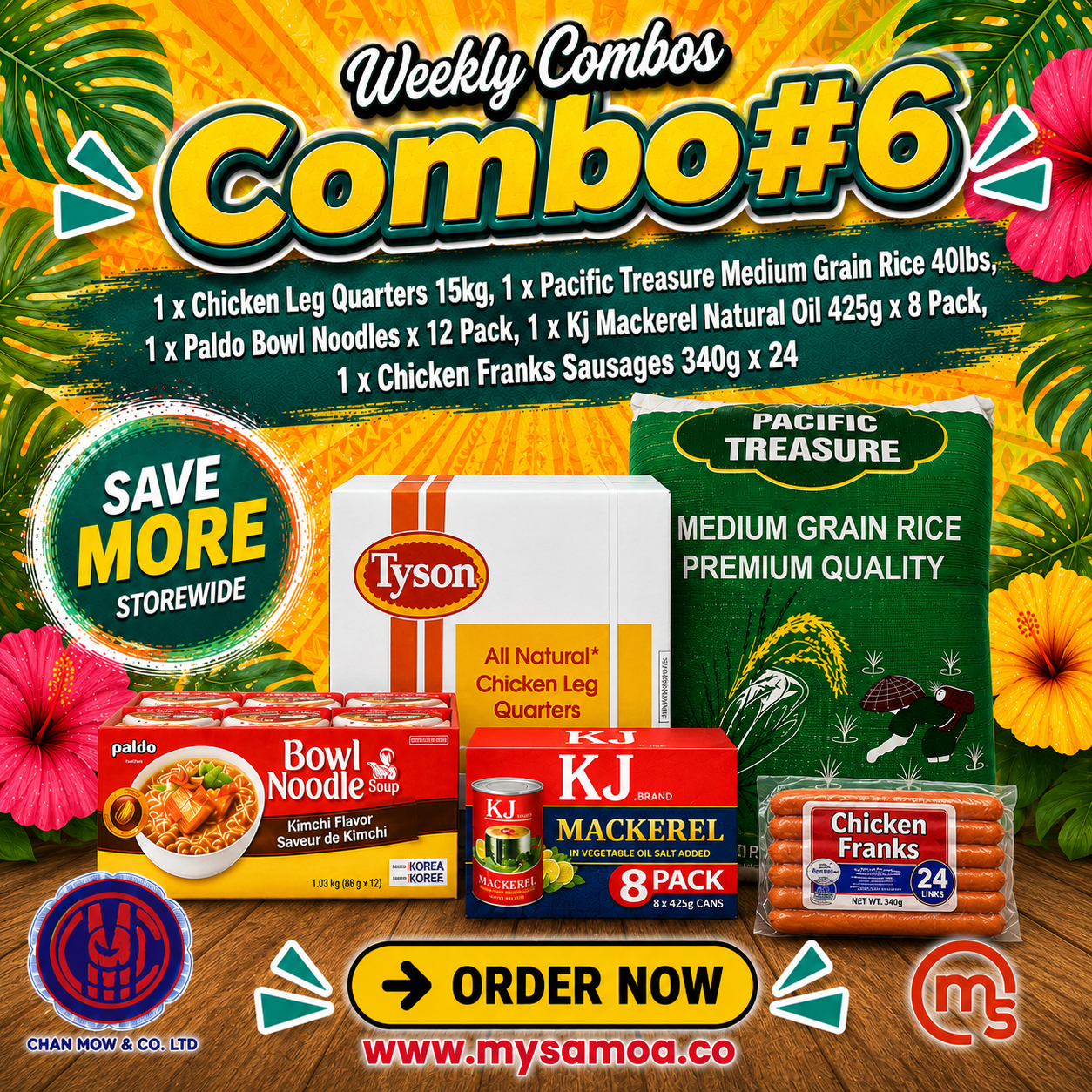 Weekly Combo 6 with Chicken Leg Quarters, rice, noodles, mackerel, and sausages pack